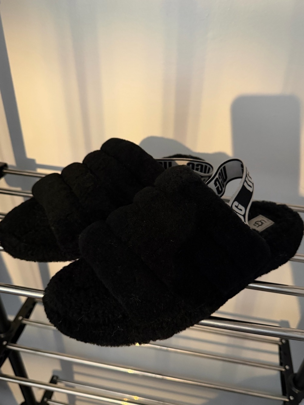 UGG Black Fluff Slide with Branded Strap - Picture 2 of 3